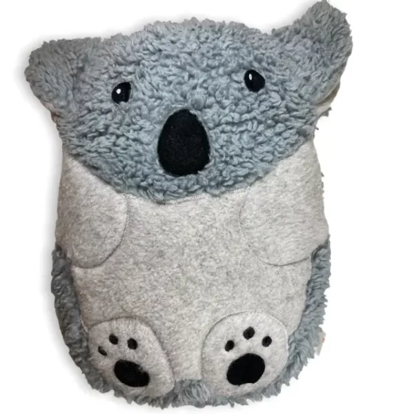 Kuscheltier Koala, handgefertigt aus Bio-Plüschstoff mit einer Größe von 28 cm. Der Koala hat eine hellgraue Farbe und sieht entspannt sitzend und beruhigend aus. Die Pfoten und der graue Bauch sind mit grauem Fleece Stoff angedeutet.